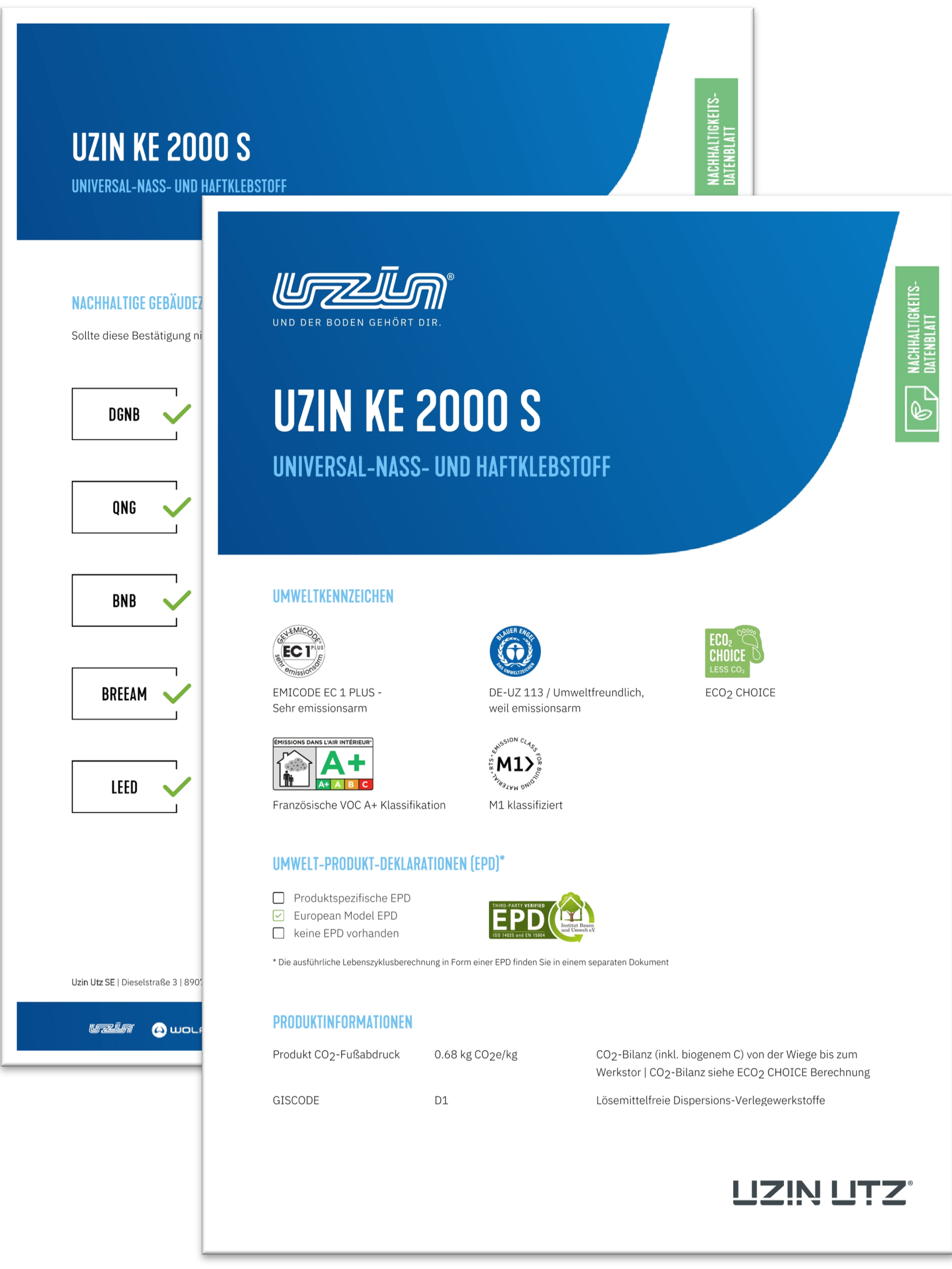 Uzin Utz Nachhaltigkeitsdatenbl&auml;tter mit Umweltkennzahlen und Produktinfos im modernen, &uuml;bersichtlichen Layout