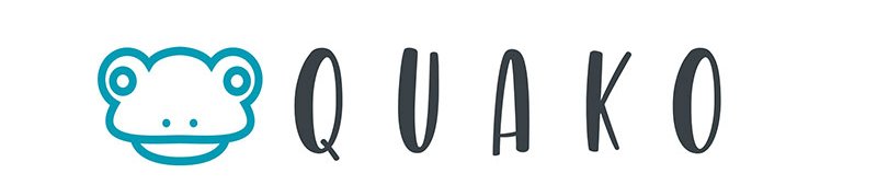 Logo mit stilisiertem Froschkopf und dem Schriftzug QUAKO.